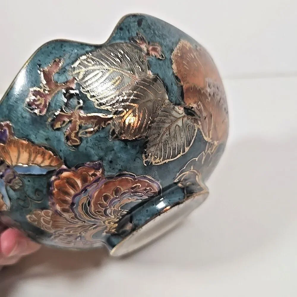 Cloisonné Multicolored Floral Bowl Vintage Chinese Gilded Teal Gold Decor 6